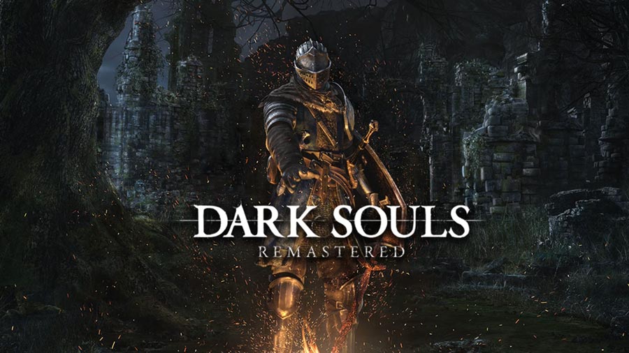 تصویر رسمی بازی Dark Souls Remastered با شوالیهای زرهپوش ایستاده در کنار آتش روشن، در محیطی تاریک و ویرانشده.