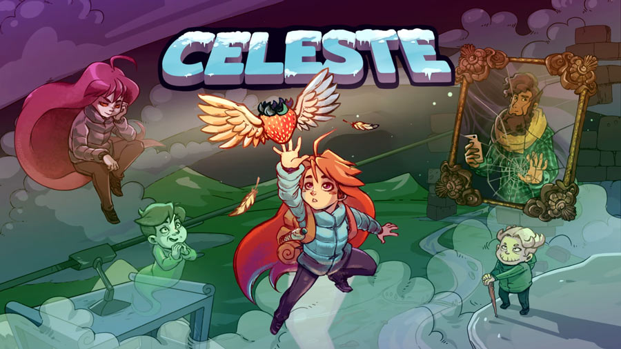 تصویر هنری بازی Celeste با شخصیت اصلی مادلین در حال پریدن برای گرفتن توتفرنگی پرنده، در کنار شخصیتهای فرعی و پسزمینهای از کوهها و ابرهای فانتزی.