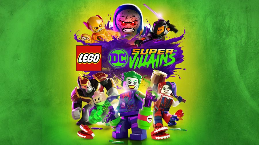 تصویر رسمی بازی LEGO DC Super-Villains با حضور شخصیتهای لگویی شرور مانند جوکر، هارلی کوئین، لکس لوتر، دارکساید و فلش معکوس در پسزمینهای سبز و بنفش.