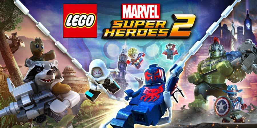 تصویر رسمی بازی LEGO Marvel Super Heroes 2 با حضور شخصیتهای لگویی مارول مانند اسپایدرمن ۲۰۹۹، هالک، راکت، گروت و کپیتان آمریکا در پسزمینهای علمیتخیلی.