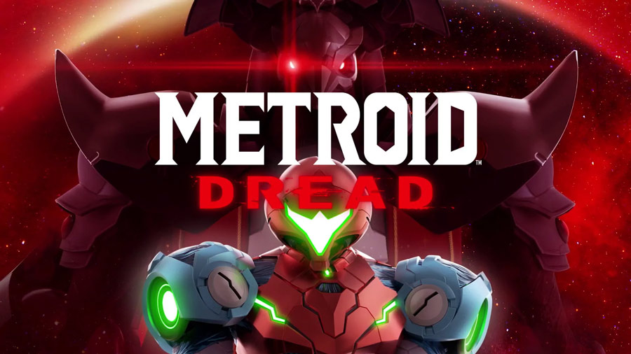 تصویر رسمی بازی Metroid Dread با حضور ساموس آران در لباس پاور قرمز، در برابر ربات غولپیکر و پسزمینه فضایی قرمز.