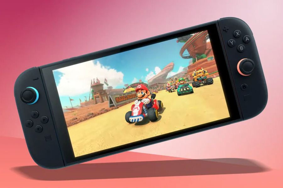 تصویر مفهومی از کنسول نینتندو سوییچ ۲ در حال اجرای بازی Mario Kart با حضور ماریو در پیست مسابقه، مناسب برای معرفی محصولات نسل جدید در فروشگاه مایتندو (Mytendo).
