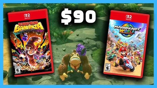 تصویر مفهومی از دو بازی Donkey Kong Bananza و Mario Kart World برای کنسول نینتندو سوییچ ۲ (Nintendo Switch 2) با قیمت مجموع ۹۰ دلار، مناسب برای معرفی بازیهای نسل جدید در فروشگاه مایتندو (Mytendo).