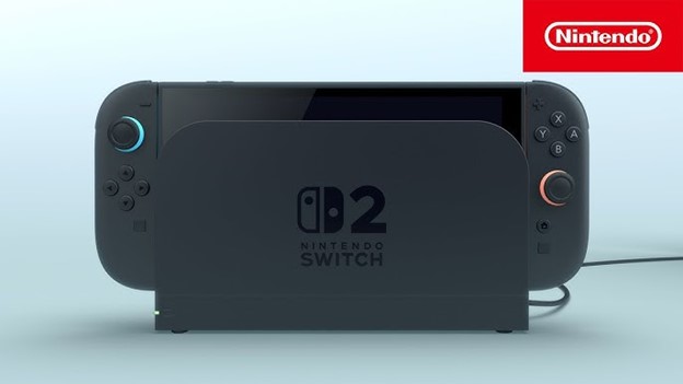تصویر مفهومی از کنسول نینتندو سوییچ ۲ (Nintendo Switch 2) در حالت متصل به داک رسمی، همراه با لوگوی نینتندو و طراحی مدرن، مناسب برای استفاده در فروشگاه مایتندو (Mytendo).
