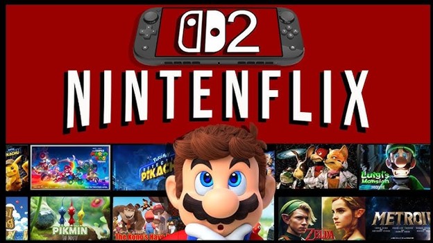 تصویر مفهومی NINTENFLIX با ترکیب کنسول نینتندو سوییچ ۲ و شخصیت ماریو در کنار آرشیوی از بازیهای معروف مانند Zelda، Metroid، Luigi’s Mansion و Donkey Kong، مناسب برای معرفی سرویسهای احتمالی نسل جدید در فروشگاه مایتندو (Mytendo).