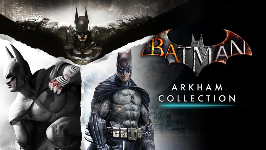 تصویر رسمی مجموعه بازی Batman: Arkham Collection با نمایش سه نسخه مختلف از بتمن در حالتهای مبارزه، پرواز و ایستاده، همراه با لوگوی معروف بتمن.