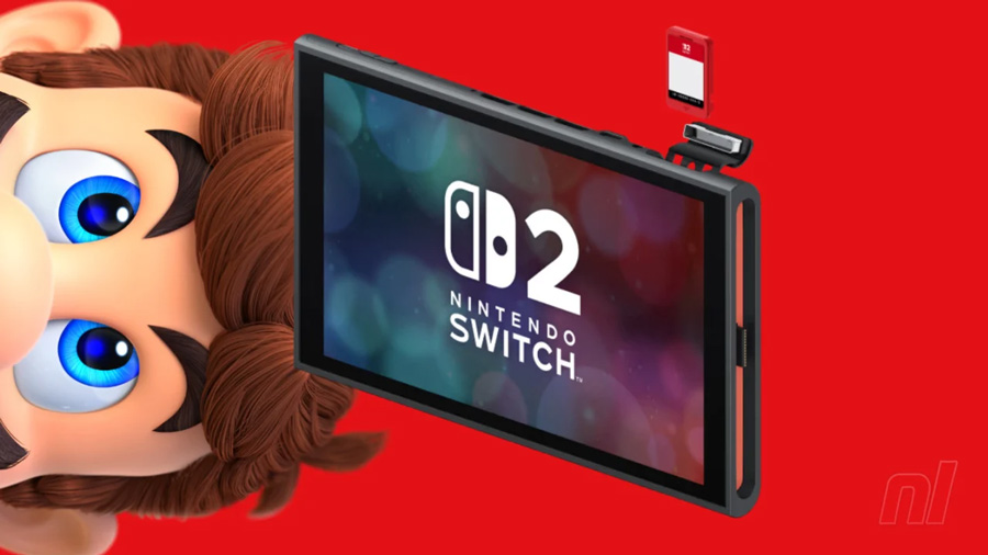 تصویر مفهومی از نینتندو سوییچ ۲ (Nintendo Switch 2) با صفحهنمایش روشن، کارتریج بازی در حال وارد شدن و چهره شخصیت ماریو در پسزمینه قرمز، مناسب برای معرفی ویژگیهای کنسول در فروشگاه مایتندو (Mytendo).