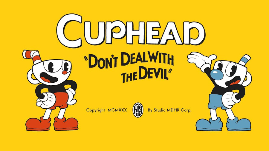 تصویر رسمی بازی Cuphead با دو شخصیت اصلی Cuphead و Mugman در سبک کارتونی کلاسیک دهه ۳۰ میلادی، همراه با شعار "با شیطان معامله نکن".