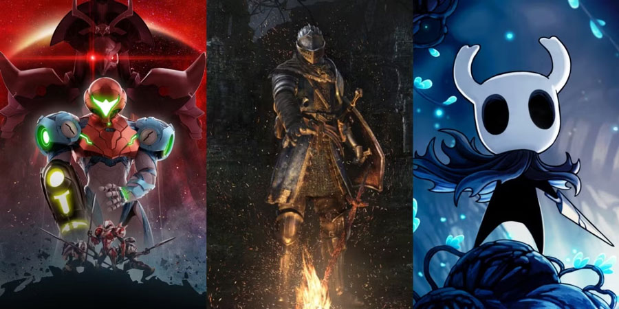 تصویر هنری از سه بازی محبوب و کلاسیک: Metroid Dread با شخصیت Samus Aran، Dark Souls با شوالیهای کنار آتش، و Hollow Knight با قهرمان کوچک در دنیایی فانتزی.