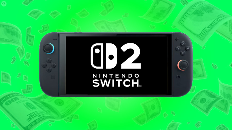تصویر مفهومی از کنسول نینتندو سوییچ ۲ (Nintendo Switch 2) با طراحی جدید در پسزمینهای سبز و پر از اسکناس، مناسب برای معرفی نسل جدید کنسول در وبسایت مایتندو (Mytendo).