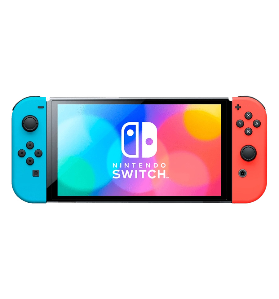 تصویر رسمی کنسول نینتندو سوییچ با جویکانهای قرمز و آبی و نمایش لوگوی Nintendo Switch روی صفحه، مناسب برای معرفی کنسول در فروشگاه مایتندو (Mytendo).